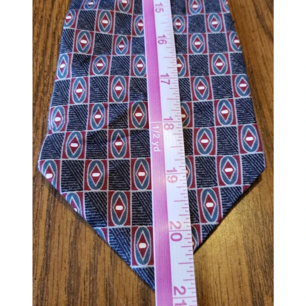Henry Grethel Mens Necktie Tie Blue Red Checkerboard Pattern Geometric Silk